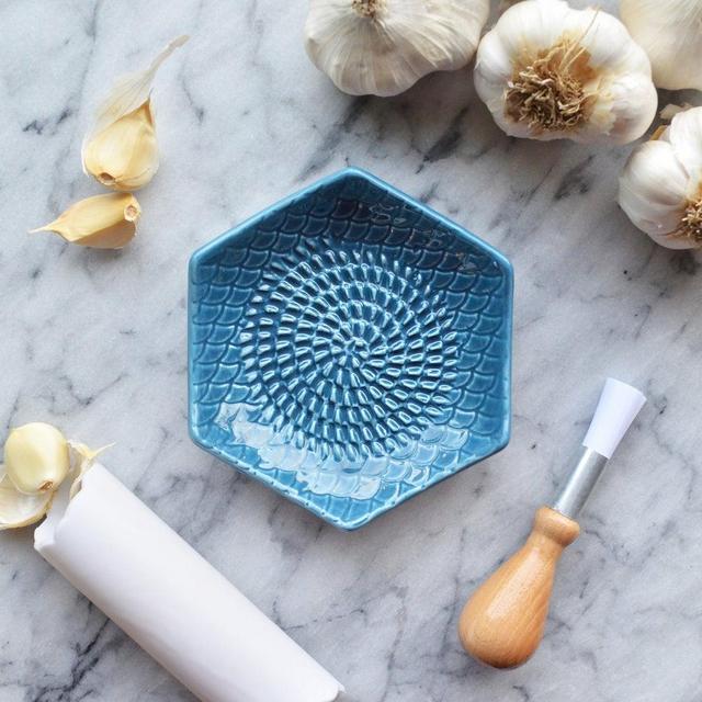 Teal- The Grate Plate Ceramic Grater 3 Piece set: Ceramic Grating Plate, Silicone Garlic Peeler and Wooden Handle Gathering Brush