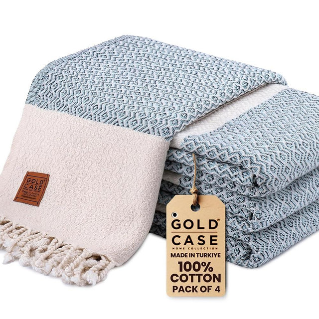 Gold CASE Turkish Beach Towel Set of 4 – 100% Cotton Large Turkish Bath Towels 67 x 38'' – Zeus Extra Large, Quick Dry & Sand Free Towels – Peshtemal for Pool – Aqua
