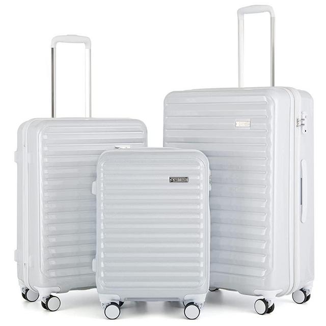 Coolife Luggage Suitcase 3 Piece Set expandable (only 28”) ABS+PC Spinner suitcase with TSA Lock carry on 20 in 24in 28in (white grid)