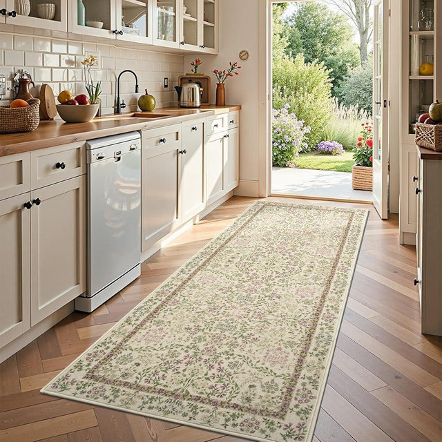 jinchan Zenith Floral Runner Rug 3x10 Washable Kitchen Runner Non-Slip Low-Pile Soft Carpet Runner Botanical Throw Rug for Hallway Entryway Laundry Room Bedroom Pastoral Green