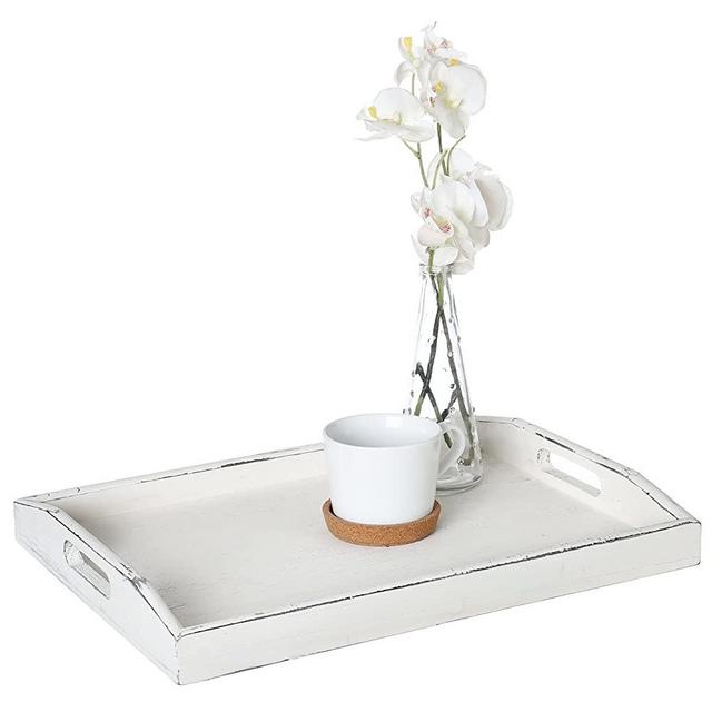 MyGift Rustic Whitewashed Wood Serving Tray with Cutout Handles, Coffee Table Accents