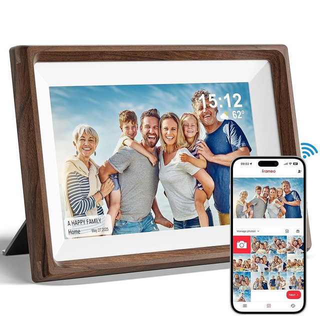 Frameo 10.1" Smart Digital Picture Frame with Walnut Moulding, 16:9 1280p HD IPS Touchscreen Display, 32GB Storage, MicroSD Slot, Plug-in Power, Easy Wireless Photo & Video Sharing, Idea