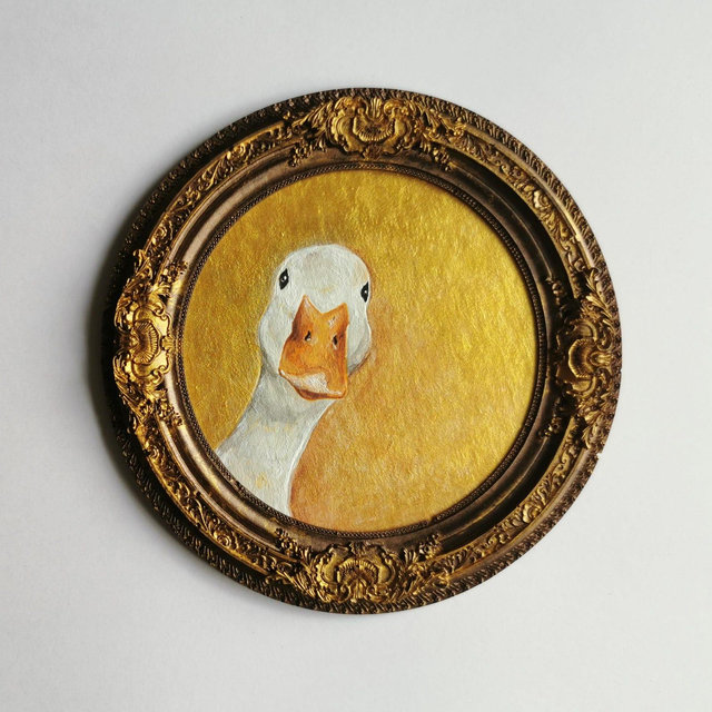 Goose painting acrylic wall art, small animal artwork in bronze frame, miniature bird decor