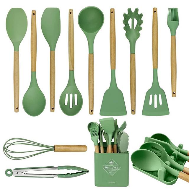 Kitchen Utensils Set for Cooking-Heat Resistant Kitchen Silicone Set Cooking Utensils Set for Non-Stick Utensils Set 13 Pieces Kitchen Tools(Avocado green)