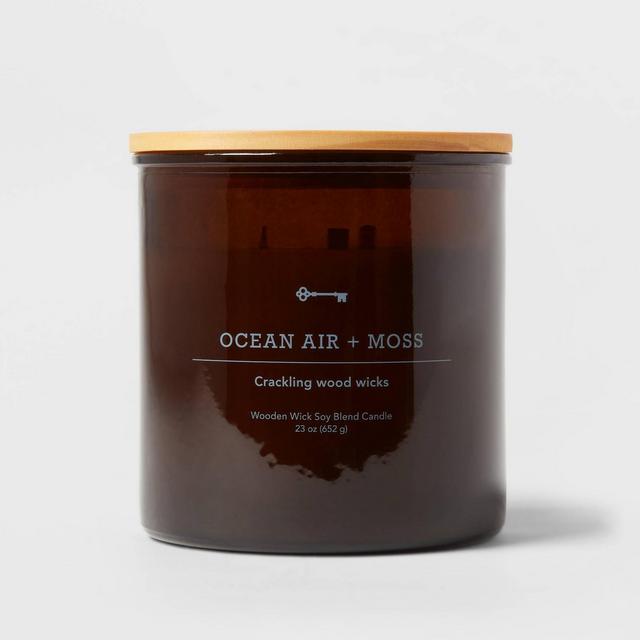 23oz XL 3-Wick Ocean Air + Moss Wooden Amber Glass with Wood Lid and Stamped Logo Amber - Threshold™