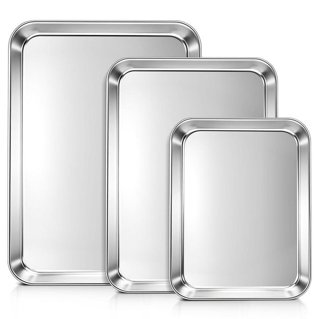 LIANYU Baking Sheet Pans Set of 3, Stainless Steel Cookie Sheets for Baking, 17.5/16/12.4 Inch, Half/Quarter/Jelly Roll Pans for Oven, Mirror Finish Metal Tray, Heavy Duty & Rust Resistant