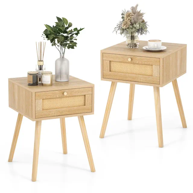 Costway 2 PCS Nightstand Bedside Sofa Table with Rattan Drawer for Bedroom & Living Room