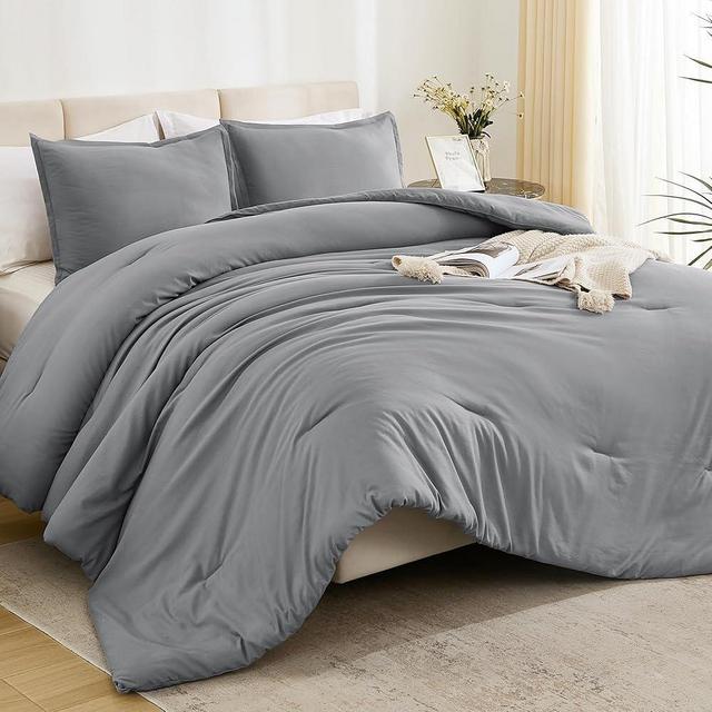Litanika Comforters Medium Gray King Size, 3 Pieces Lightweight Solid Bedding Set & Collections, All Season Fluffy Bed Set (104x90In Comforter & 2 Pillowcases)