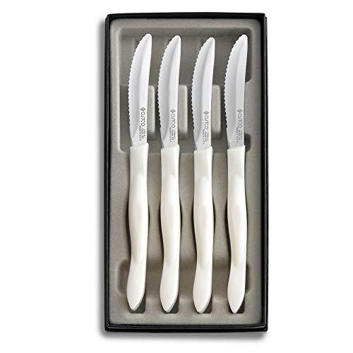 CUTCO #1865 set of 4 White (Pearl) Model 1759 Table Knives, each in a factory sealed plastic bag, inside attractive blue CUTCO box..............3.8" Double-D serrated 440A High-Carbon, Stainless Steel blades and 5" handles
