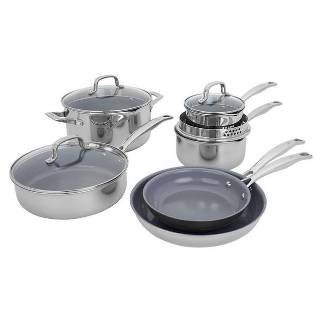 HENCKELS Clad H3 10-pc Induction Ceramic Nonstick Pot and Pan Set, Stainless Steel, Durable and Easy to clean