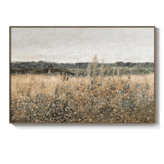 Framed Large Vintage Landscape Canvas Wall Art - Meadow with Flowers, Modern Farmhouse, French Country & Cottagecore Decor, Wall Painting Prints for Living Room, Bedroom, Dining Room, Bathroom, Office Decor 24x36 Inch