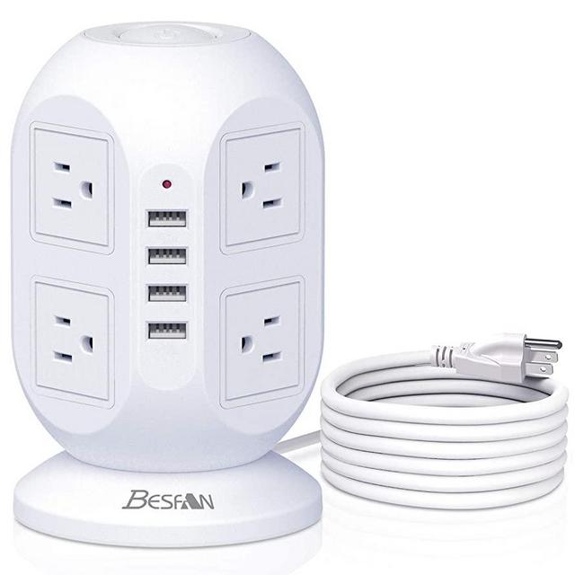 Power Strip Tower, BESFAN 10ft Extension Cord with 8 AC Outlets & 4 USB Ports, Surge Protector Power Strip USB with Widely-Spaced Outlets, Space Saver for Home, Dorm & Office