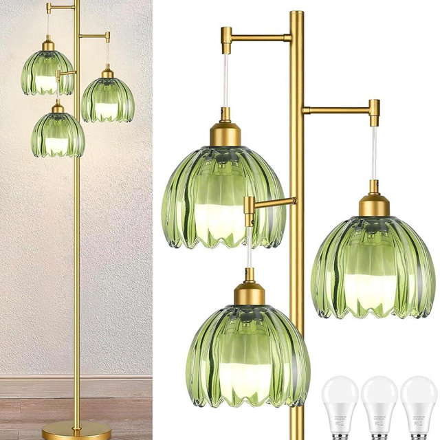 QIYIZM Gold Floor Lamp for Living Room,Bedroom,Mid Century Modern Standing Lamp Brass Tree 3 Light Tall Floor Lamps Vintage Retro Floor Lights Glass Green Flower Lamp Shade Farmhouse Boho Bohemian