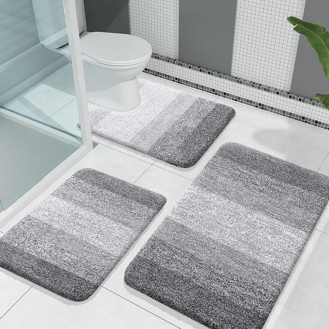 OLANLY Luxury Bathroom Rugs Sets 3 Piece, Soft Absorbent Microfiber Bath Rugs and U-Shaped Contour Toilet Rug, Non-Slip Plush Bath Carpet, Bath Mat Sets for Bathroom (30"x20"+24"x16"+24"x20", Grey)