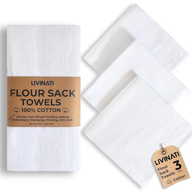 White - Flour Sack Tea Towels For Kitchen - For Embroidery Crafting Baking Sourdough Bread Proofing Printing Painting - 28"X28" 100% Cotton Dish Towels - 3 Pack - Heavy Weight High Threadcount