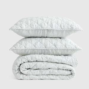 European Linen Striped Quilt Set Mist/White