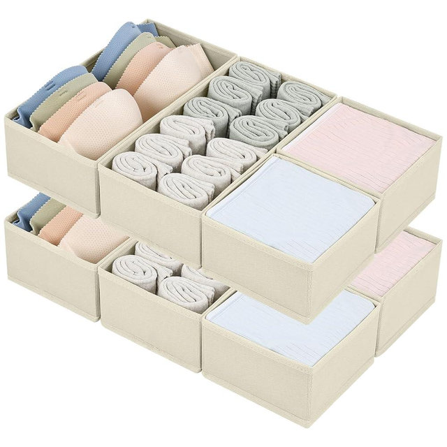 DIMJ Drawer Organizers for Clothing, Set of 8 Fabric Closet Organizers and Storage, Dresser Drawer Organizers, Drawer Dividers for Baby Clothes, Socks, Belt, Tie (Beige)