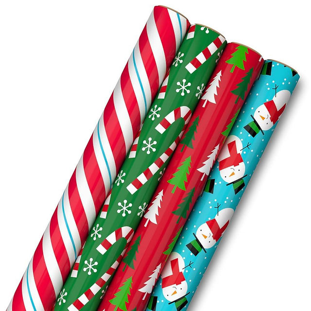 Image Arts Christmas Wrapping Paper for Kids with Cutlines on Reverse (4 Rolls: 120 Sq. Ft. Total) Stripes, Candy Canes, Trees on Red, Cute Snowmen