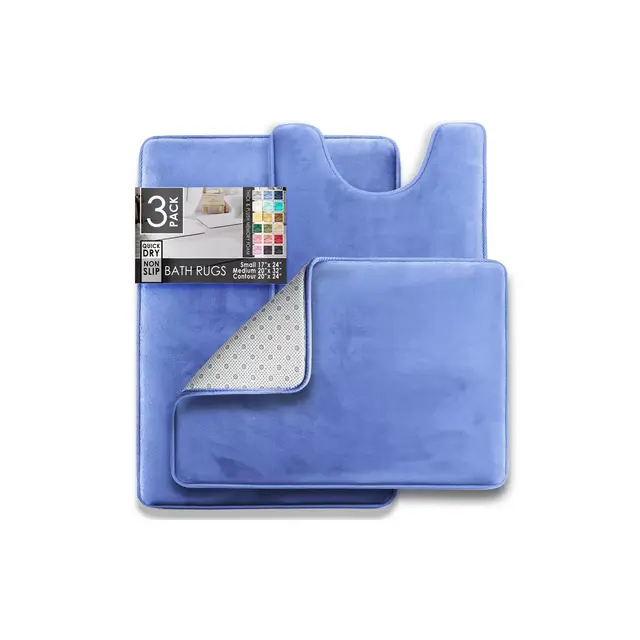 Hearth & Harbor 3 Piece Bathroom Rugs Bath Mat Set, Non-Slip Velvet Memory Foam Bath Mats, Calm Blue