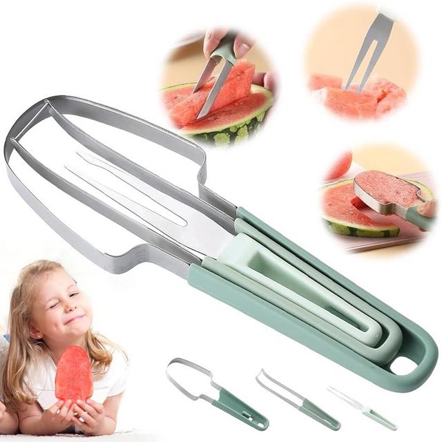 3-in-1 Watermelon Fork Slicer Cutter, Watermelon Cutter Slicer Tool, Stainless Steel Watermelon Popsicle Mold Tools, Melon Cutter Knife Portability Fruit Fork for Camping Kitchen Gadgets