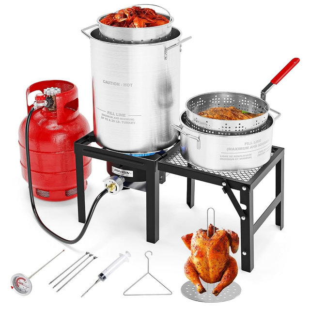 ROVSUN 30QT Turkey Fryer & 10QT Fish Fryer Kit with 54000BTU Propane Stove & Foldable Side Table, Aluminum Deep Fryer Pot for Outdoor Cooking Seafood Boiling w/Lifting Hook, Turkey Rack & Thermometer