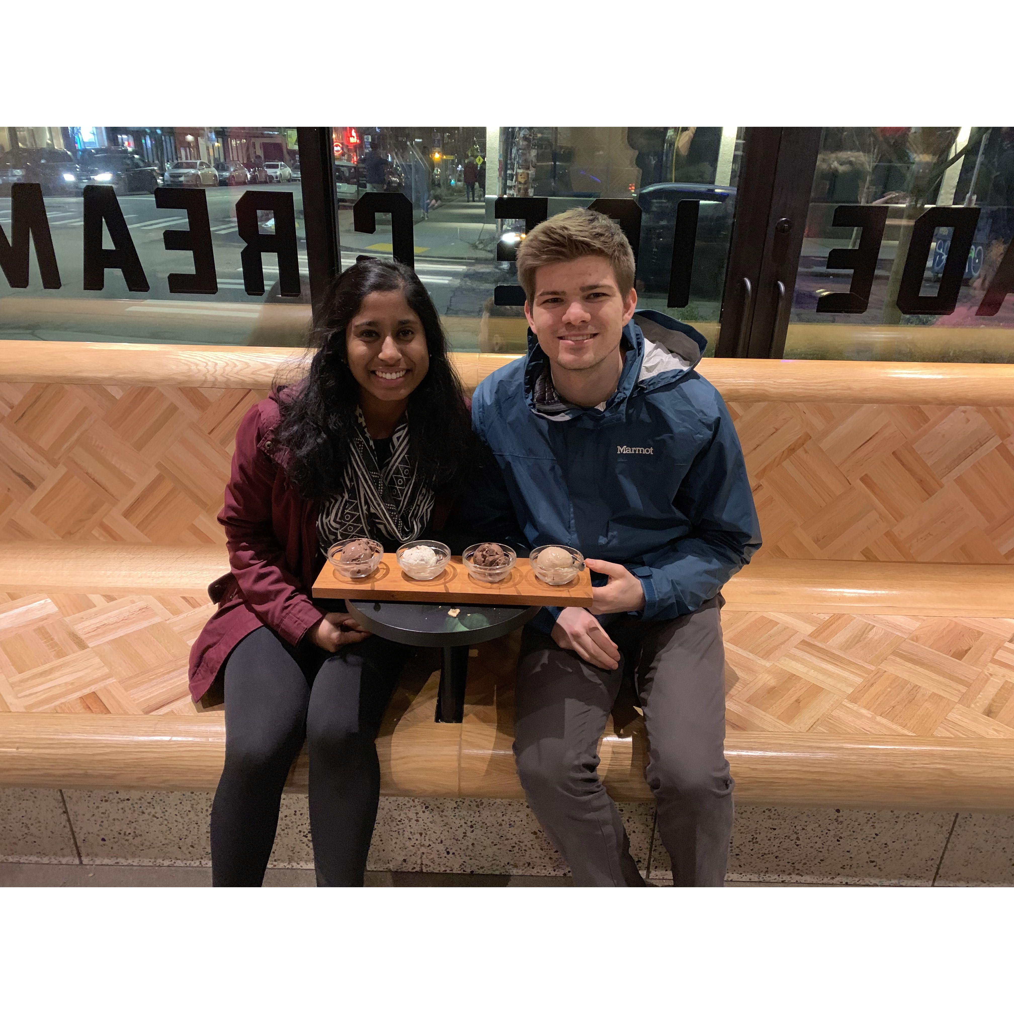 Tim eating a lot of ice cream while Sangeetha watches (Feb 2019)