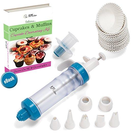 CUPCAKE DECORATING KIT for Beginners with FREE Cupcake Decorating Supplies: Cupcake Corer & 200 Baking Cup Liners & Ebook, Easy to Use 5 Tip Dessert & Cake Decorator Tool Needs No Frosting/Pastry Bags