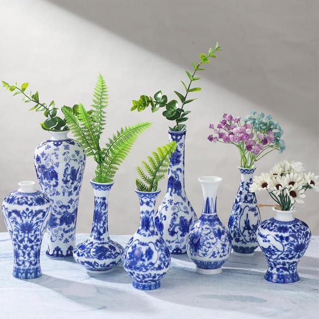 Hushee Set of 8 Chinoiserie Vase Blue and White Porcelain Vases Small Vintage Ceramic Bud Vase Decorative Blue Floral Vase for Home Table Decor Centerpieces Living Room Bookshelf (Vintage)