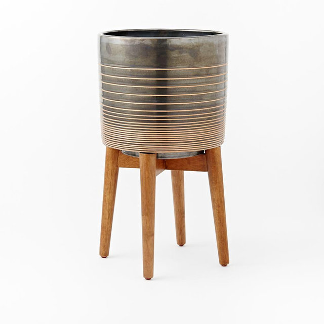 Turned Wood Leg Standing Planter, Tall, Black/Gold