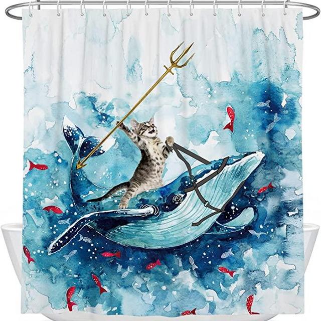 Coxila Funny Cat Shower Curtain 60x72 inch Cute Animal Riding Whale Ocean Wave Fish Hilarious Bathroom Curtain Polyester Fabric Waterproof 12 Pack Hooks