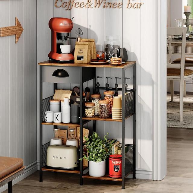 X-cosrack Framhouse Coffee Bar Cabinet 5-Layer Staggered Coffee Station with Storage Drawer Rustic Wood Coffee Bar for Small Space Coffee Stand for Living Room Entryway Kitchen