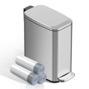Small Bathroom Trash Can with Lid Soft Close, Step Pedal, 6L / 1.6 Gal Stainless Steel Garbage Bin with Removable Inner Bucket, Slim Wastebasket for Narrow Spaces (Silver)