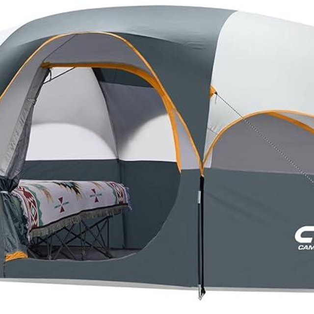 CAMPROS CP Tent 8 Person Camping Tents, Weather Resistant Family Tent, 5 Large Mesh Windows, Double Layer, Divided Curtain for Separated Room, Portable with Carry Bag