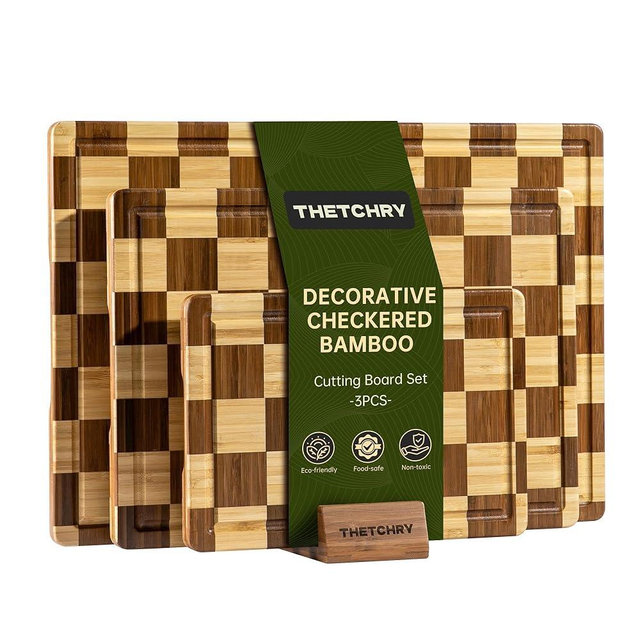 3 Pack Checkered Bamboo Cutting Board Set, Decorative End Grain Thick Wood Cutting Board, Crack-Resistant, Heavy Duty Non-slip Chopping Boards, Aesthetic Serving Trays for Home Decor, Gift