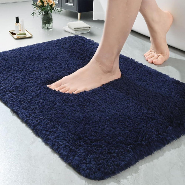 LOCHAS Bathroom Rug 24x17 Inch, Soft Thick Absorbent Microfiber Bath Rugs for Bathroom, Machine Washable, Shaggy Plush Non Slip Bath Mat for Tub, Shower Floor, Quick Dry Mats, Navy