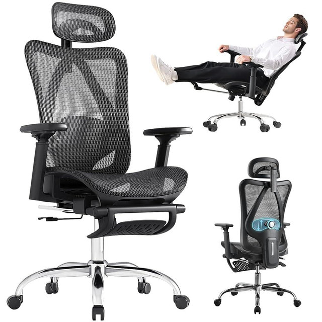 Ergonomic Office Chair, 3-Level Tilt Backrest, 3D Headrest & Armrest and Retractable Footrest, Mesh Breathable SGS Class 4 Gas Clylinder, Dark Grey and Black