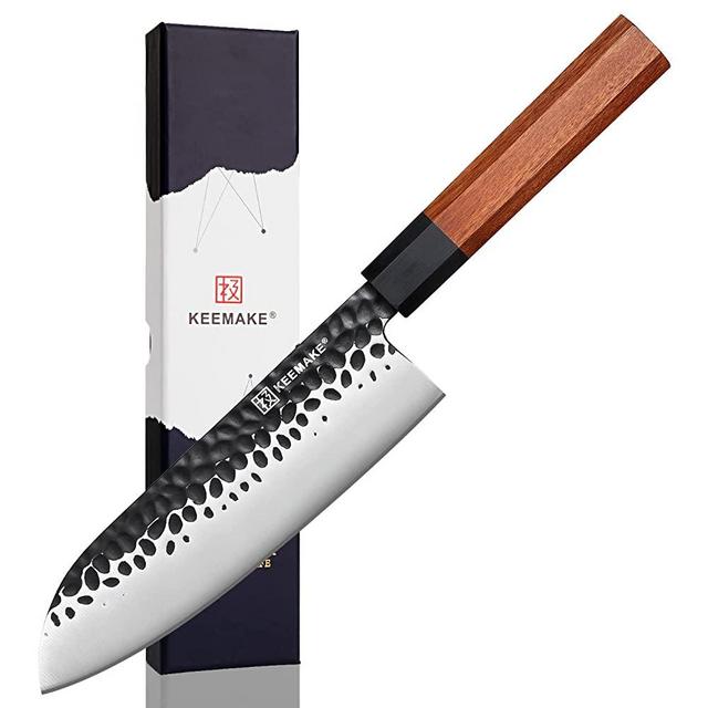 KEEMAKE Santoku Knife 7 inch Chef Knife, Japanese 440C Stainless Steel Kitchen Knife, Porfessional Cooking Knife for Meat Cutting with G10 Bolster Octagonal Wood Handle