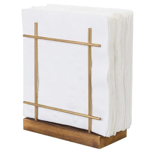 MyGift Rustic Dark Brown Wood & Brass Metal Cross-Corner Tabletop Napkin Holder Dispenser Rack