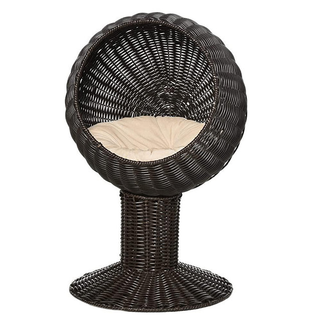 PawHut 28" Hooded Rattan Wicker Round Elevated Condo Cat Bed with an Elegant Design & Included Cushion