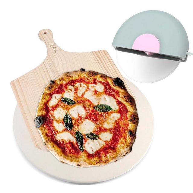 PIZZA STONE 13'' Round Pizza Stone For Oven Baking & BBQ With Wooden Peel