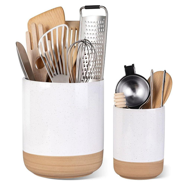 AmorArc Ceramic Utensil Holder, 7.25"+5.4" Cooking Utensil Crock for Countertop, Kitchen Countertop Organizer with Rustic Terracotta Underside for Spatula, Set of 2