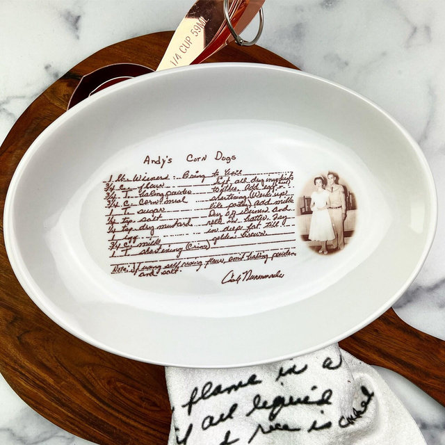 Actual handwriting transferred onto a food safe, oven safe plate to display your loved ones recipe. Personalized heirloom gift.