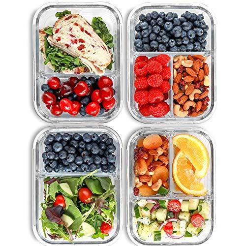 2 & 3 Compartment Glass Meal Prep Containers (4 Pack, 32 oz) - Glass Food Storage Containers with Lids, Airtight Glass Lunch Containers, Glass Bento Boxes for Adults & Kids, Portion Control Containers