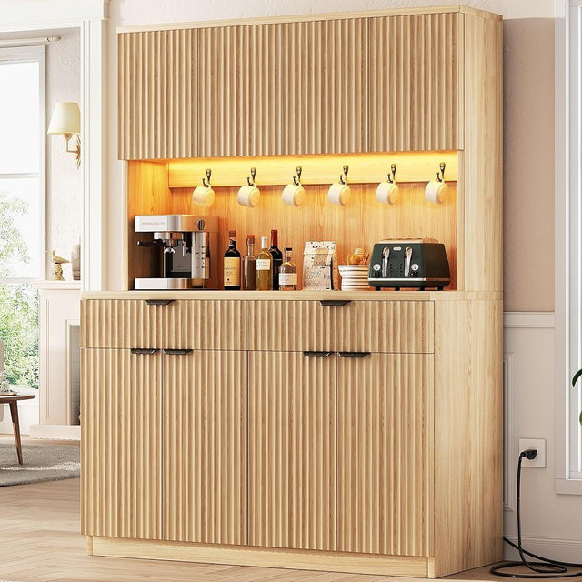 Fluted Kitchen Pantry Storage Cabinet with Charging Station/LED Light/Drawer/Doors/Shelves, 71'' Tall Kitchen Food Hutch with Microwave Stand for Dining Room Living Room (Natural, 47*15.7*71)