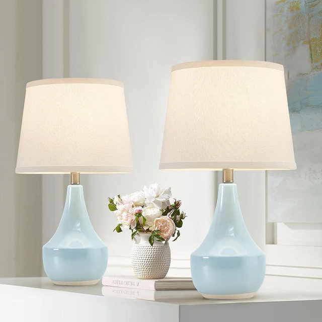 GyroVu Table Lamp Set of 2, 18.6“ Tall Ceramic Table Lamp Classic Beside Lamps Nightstand Lamp Modern Table Lamp for Living Room, Bedroom & Office Rocker Swtich Sky Blue-LED Bulbs Included