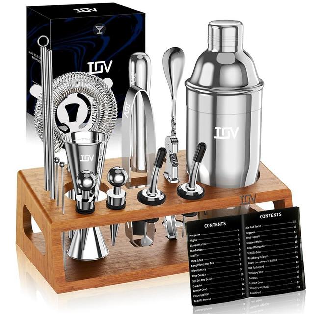 IOV Cocktail Shaker Set Bartender Kit with Stand | Bar Set Drink Mixer Set Includes Martini Shaker, Jigger, Strainer, Mixing Spoon, Muddler, Recipe Book | Home Bar Accessories Gift Set (Silver)