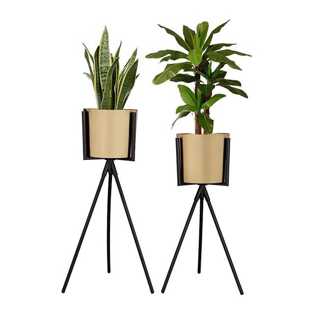Set of 2 Modern Brass Gold Planter with Metal Plant Stand, 7 Inch Large Flower Pot with Black Mid Century Stands, Modern Decor for Orchid, Aloe, Snake Plant, 18 and 24 Inch Tall, Indoor Decoration