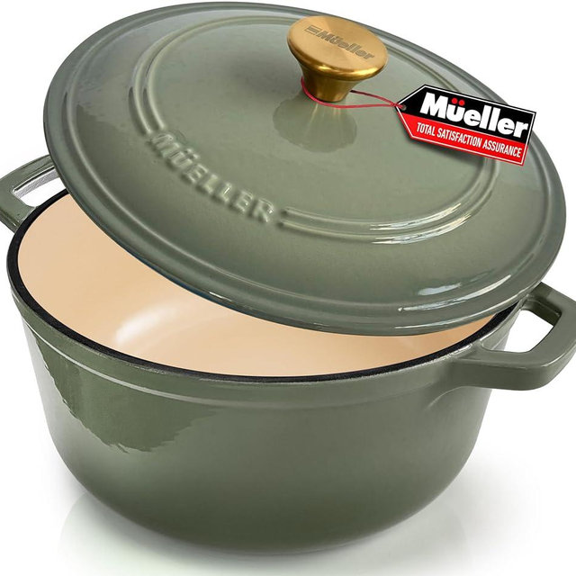 MÜELLERHOME 7.5 Quart Enameled Cast Iron Dutch Oven For Sourdough Bread Baking, Heavy-Duty, Oven-Safe up to 500° F & Across All Cooktops, Casserole Dishes, Green Kitchen Accessories, Thyme Green