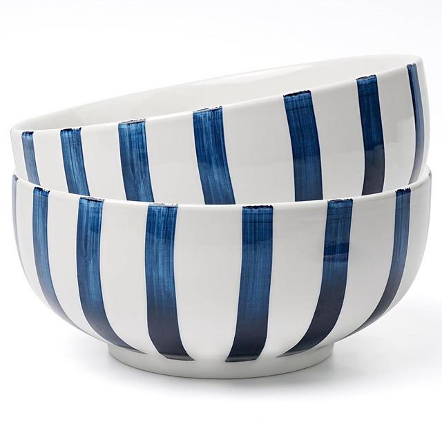 Salad Bowl,Serving Bowls,Soup Bowls, Large Serving Bowl Set of 2,Blue-Striped Ceramic Bowls Serving Dishes for Entertaining,Dishwasher & Microwave Safe.