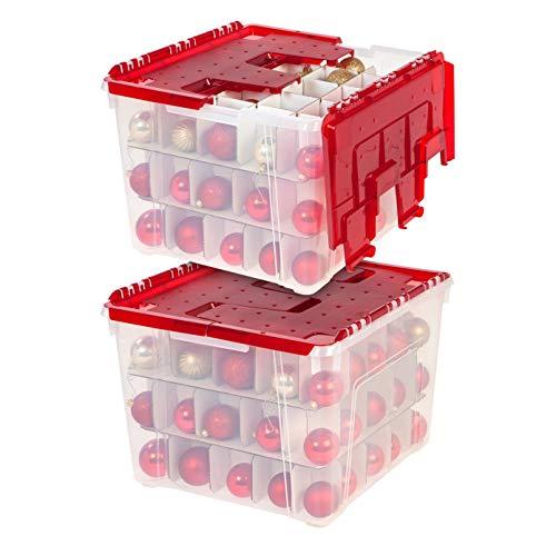 IRIS USA, Inc. WL-60 Holiday Wing-Lid Box with Ornament Dividers, 60 Qt, 2 Pack, Clear/Red, 2 Count